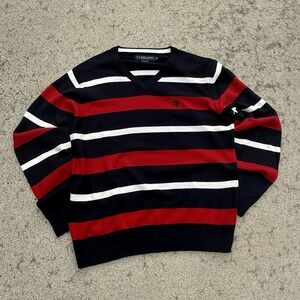 U.S. Polo Assn. Men's Striped V-Neck Pullover Sweater Medium Black Red White